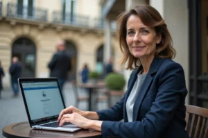 Agente municipale parisienne accédant à son espace IntraParis en télétravail depuis un café en plein air