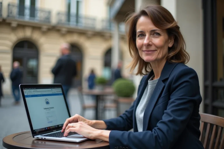 Agente municipale parisienne accédant à son espace IntraParis en télétravail depuis un café en plein air