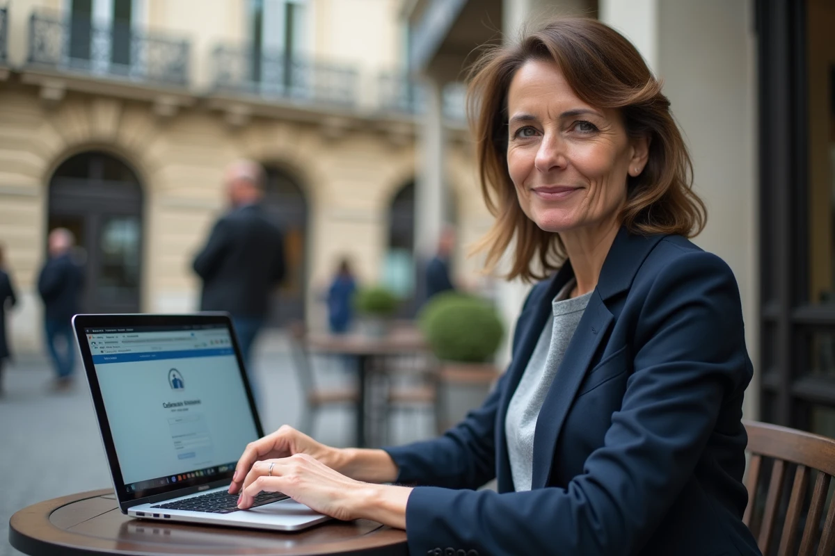 Agente municipale parisienne accédant à son espace IntraParis en télétravail depuis un café en plein air