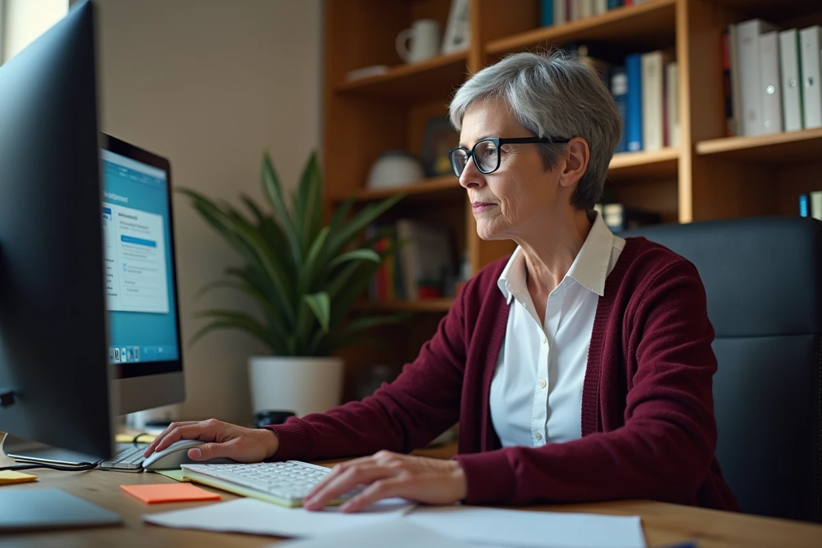 Agente municipale expérimentée se connectant à son compte IntraParis depuis son bureau à domicile