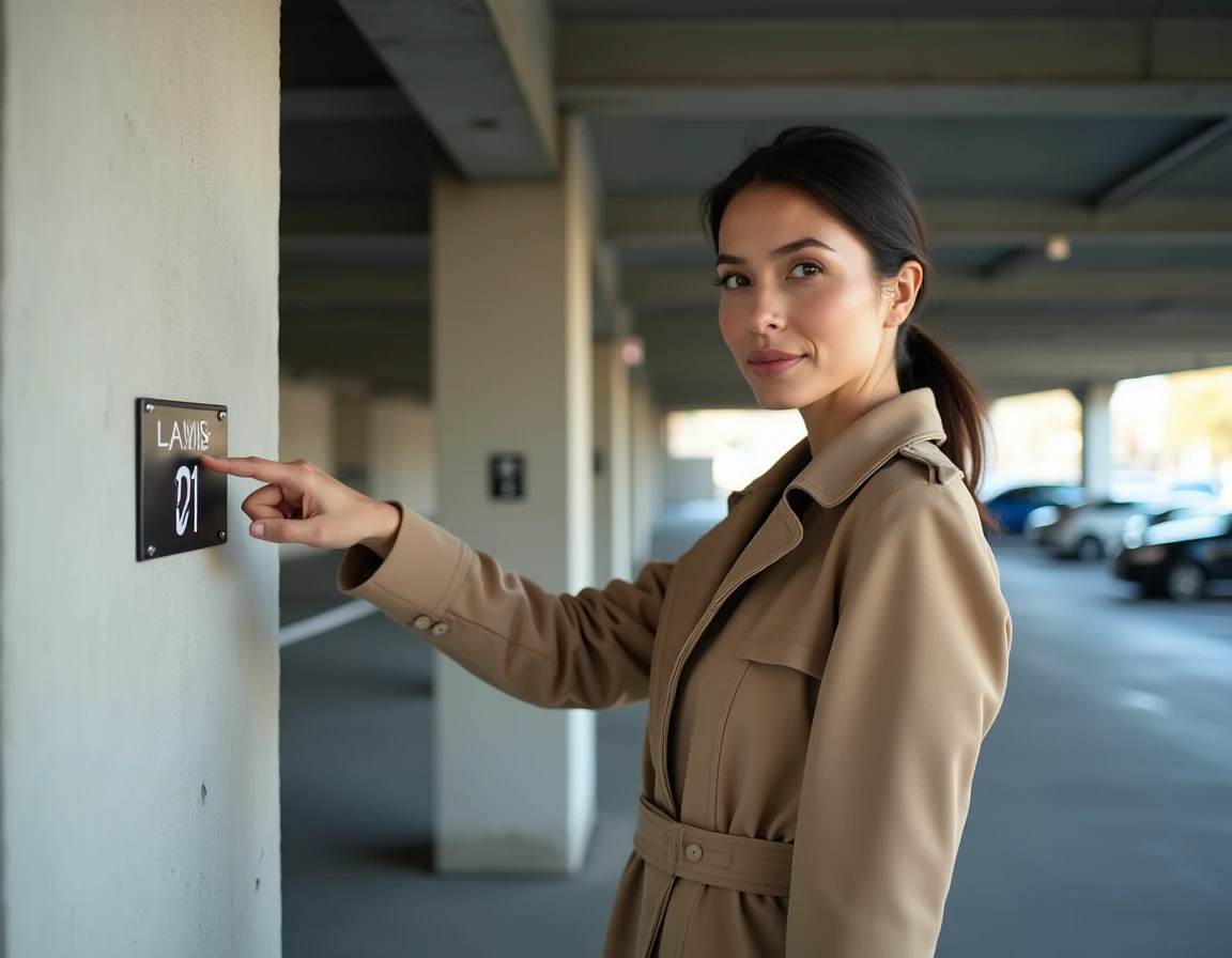 Agente immobilière présentant une place de parking en copropriété urbaine
