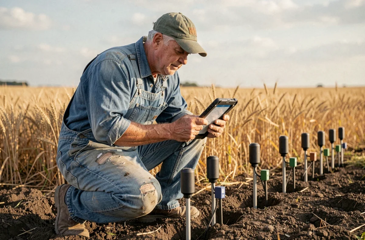 Agriculteur utilisant des capteurs de précision connectés dans un champ de blé en automne, illustrant les innovations technologiques en agriculture moderne
