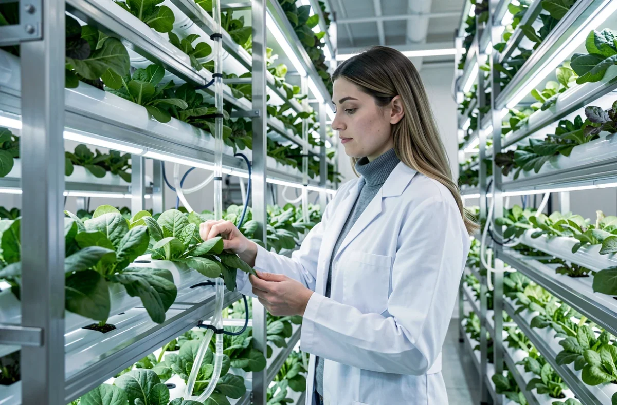 Agronome inspectant des cultures hydroponiques dans une ferme verticale urbaine, représentant les nouvelles tendances de l'agriculture durable en intérieur