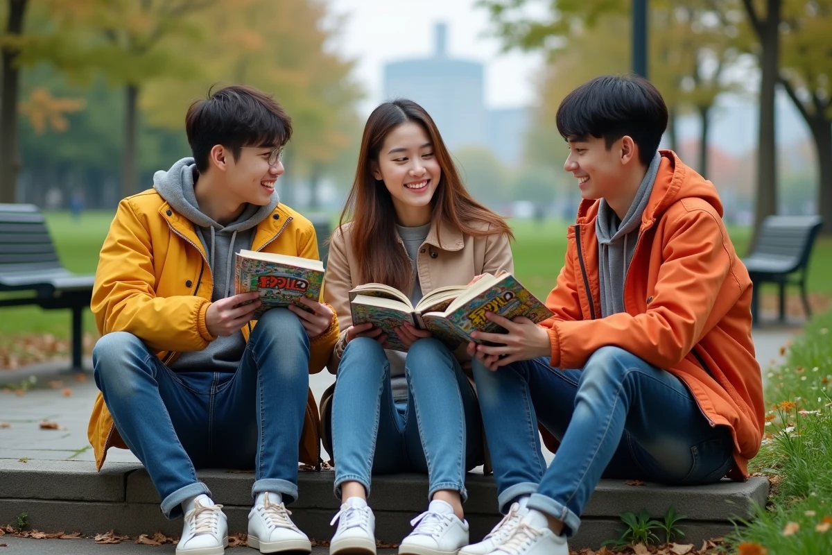 Trois amis discutant de mangas dans un parc urbain