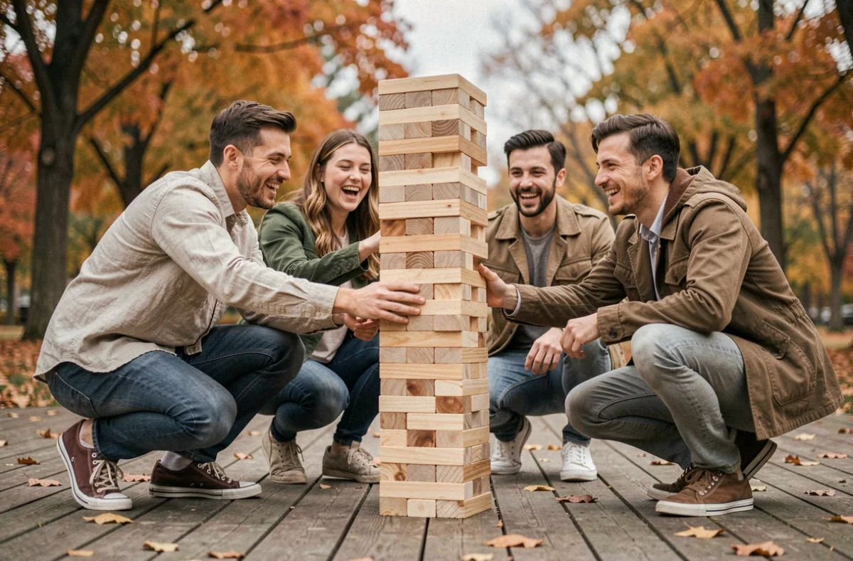 Groupe d'amis adultes jouant au Jenga géant en plein air dans un parc en automne