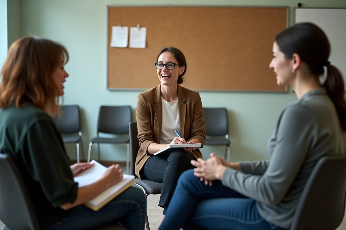 Groupe de parents participant à un atelier de soutien à la parentalité dans une salle communautaire, échange de conseils entre parents