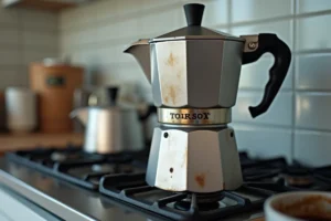 Cafetière moka sur feu de gaz avec valve de sécurité qui fume et joint brûlé, illustrant les dangers d'une surchauffe