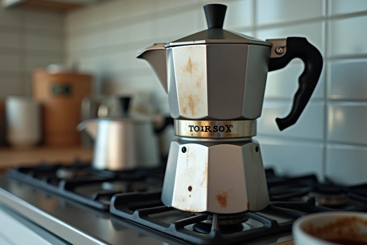 Cafetière moka sur feu de gaz avec valve de sécurité qui fume et joint brûlé, illustrant les dangers d'une surchauffe