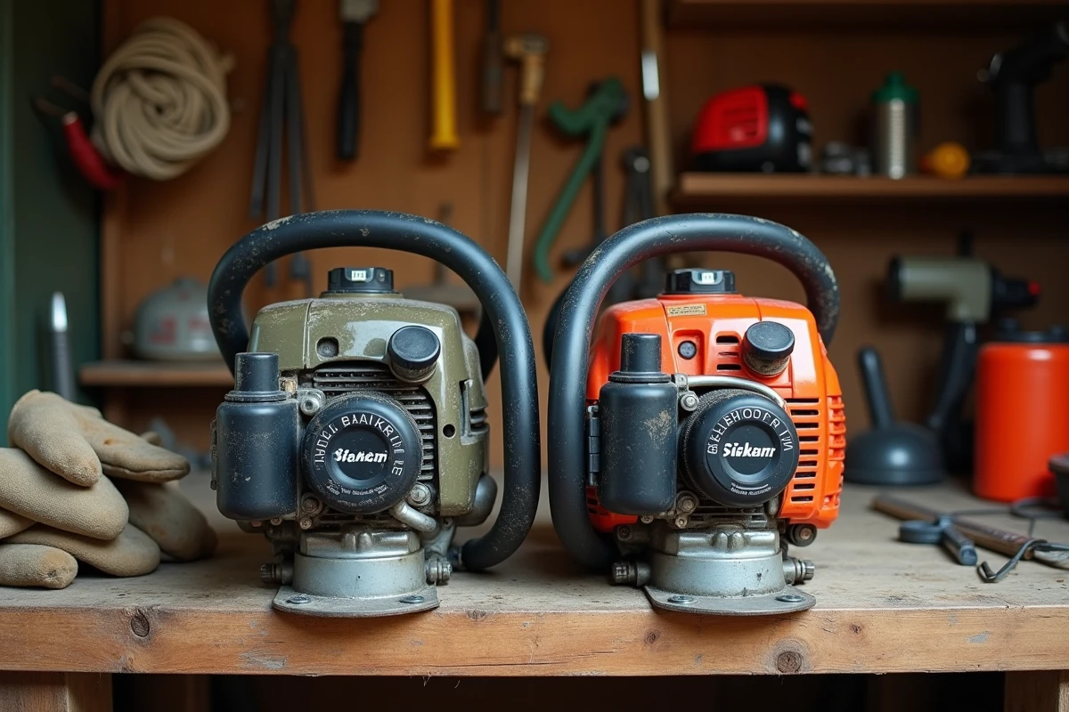 Comparaison de deux débroussailleuses thermiques posées sur un établi dans un atelier de jardin pour aider au choix