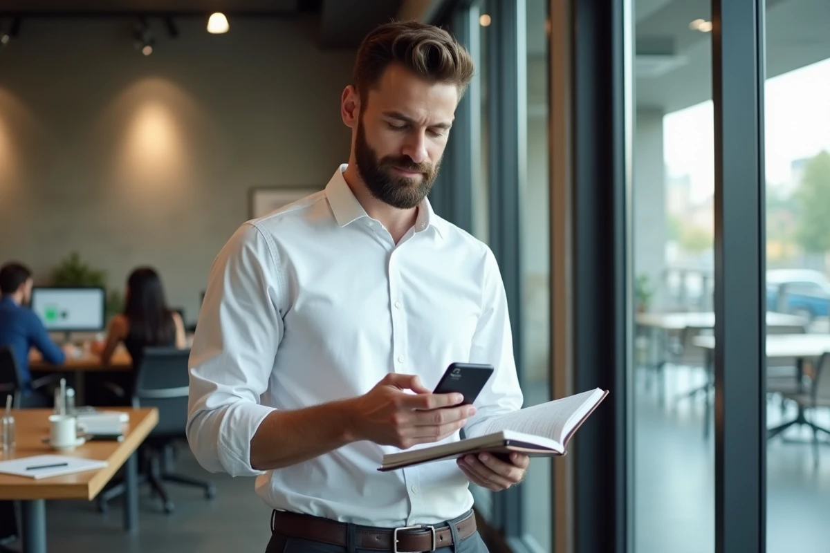 Agent de la ville de Paris utilisant son smartphone pour se connecter à IntraParis depuis un espace de coworking