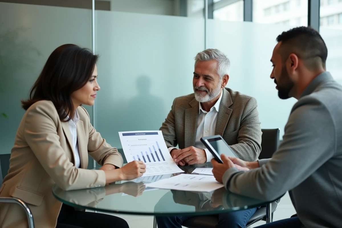 Couple consultant un conseiller financier pour planifier et optimiser la gestion de leur patrimoine familial