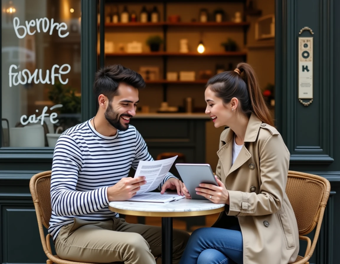 Couple parisien comparant des annonces de location immobilière dans un café typique de Paris
