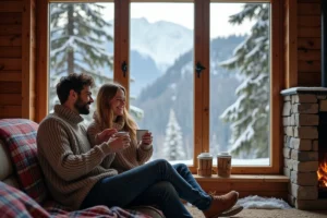 Jeune couple dans une cabane enneigée en Alpes