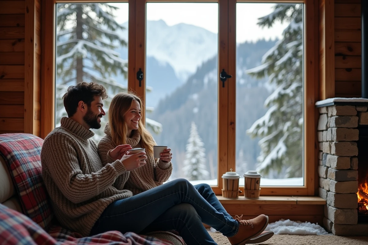 Jeune couple dans une cabane enneigée en Alpes