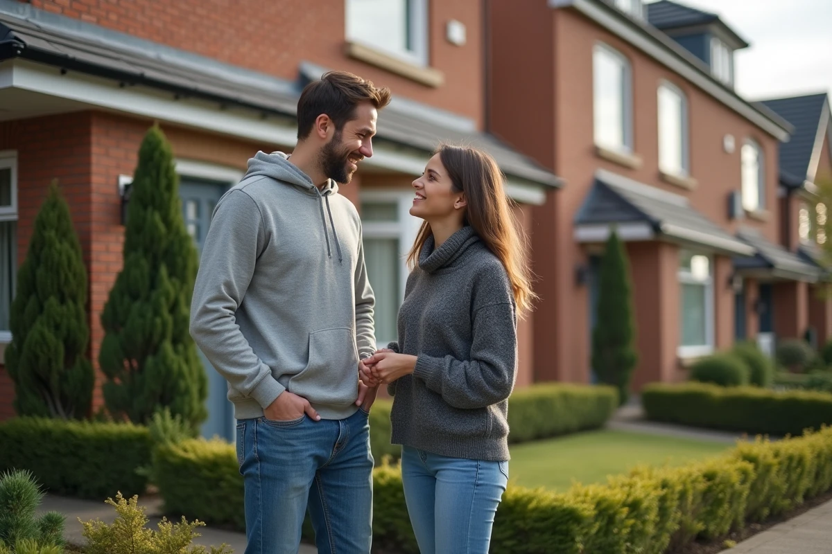 Couple discute avec agent immobilier devant maison