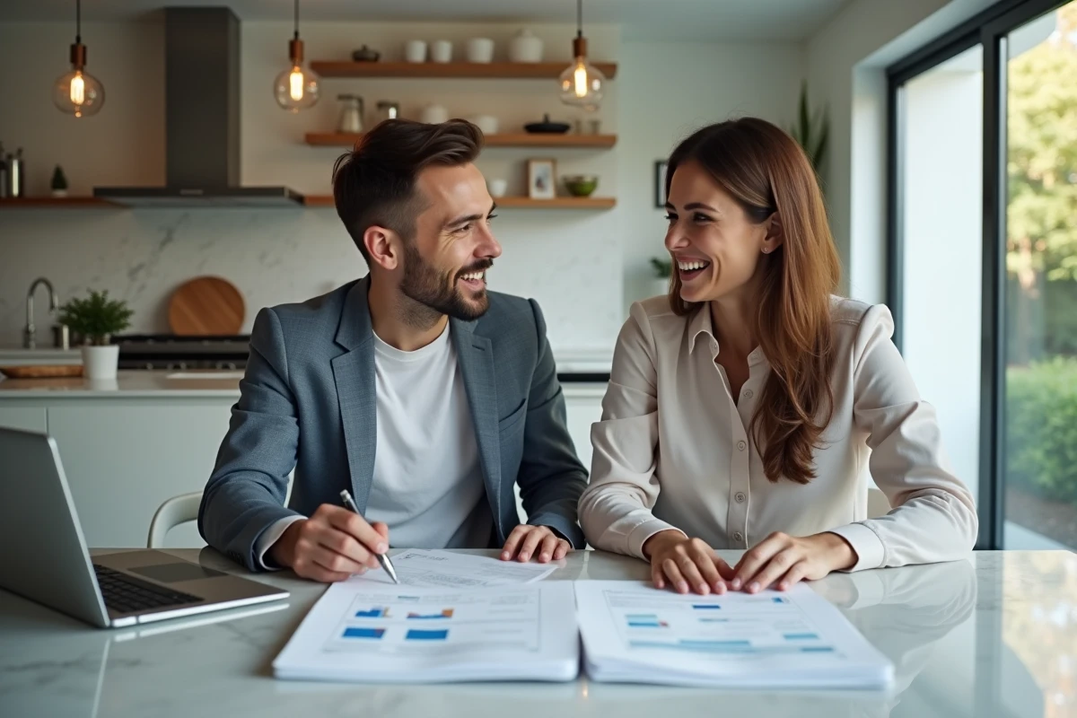 Couple de jeunes investisseurs planifiant leurs premiers placements boursiers ensemble sur un plan de travail en cuisine moderne