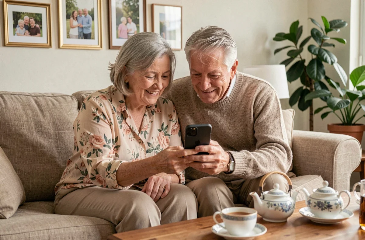 Un couple de seniors partageant un moment de complicité autour d'un smartphone dans leur salon, représentant l'usage d'Internet en famille pour les personnes âgées