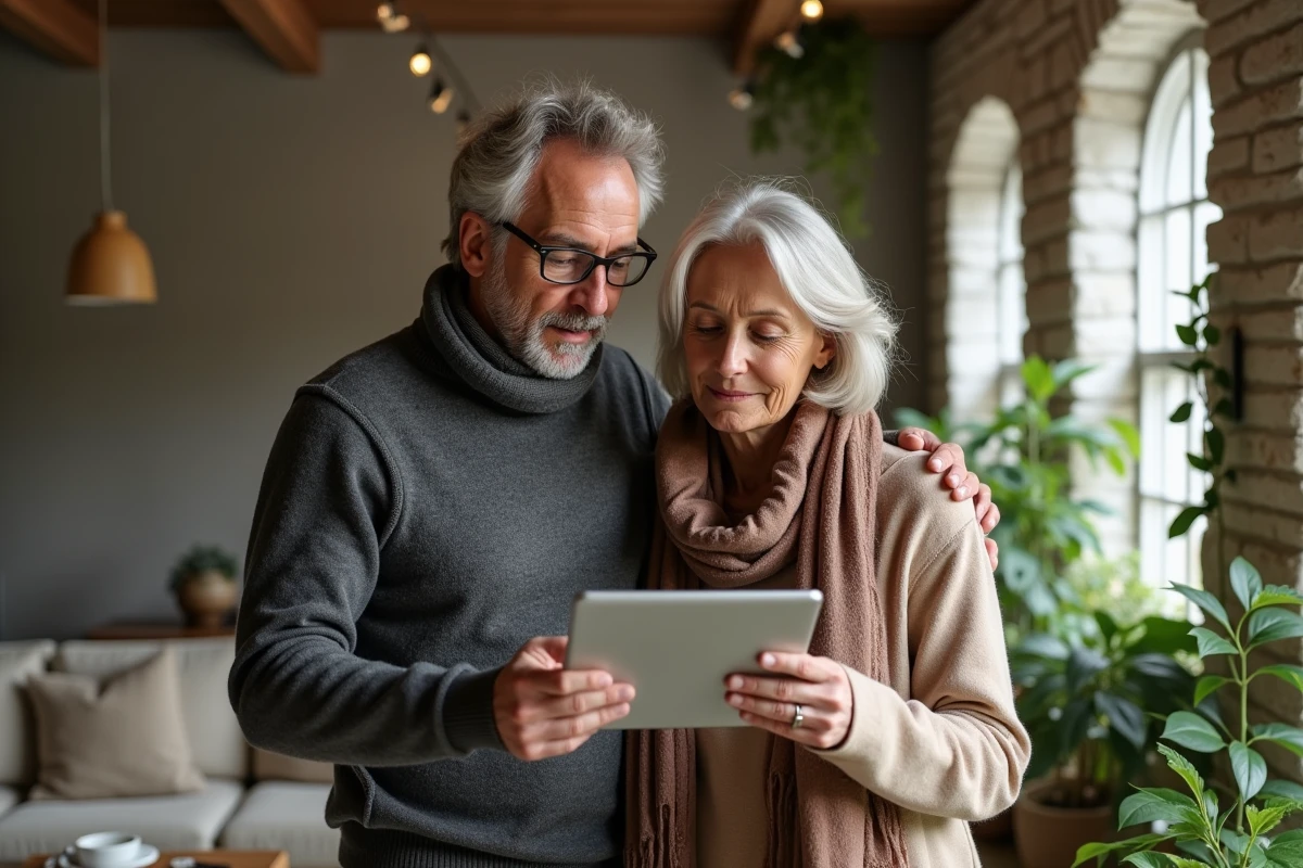 Homme et femme regardant une tablette dans un salon écologique