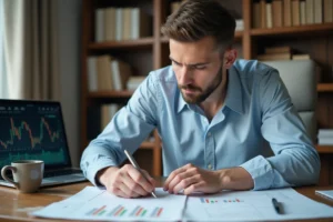 Jeune investisseur débutant analysant des graphiques boursiers sur un bureau en bois dans un bureau à domicile moderne