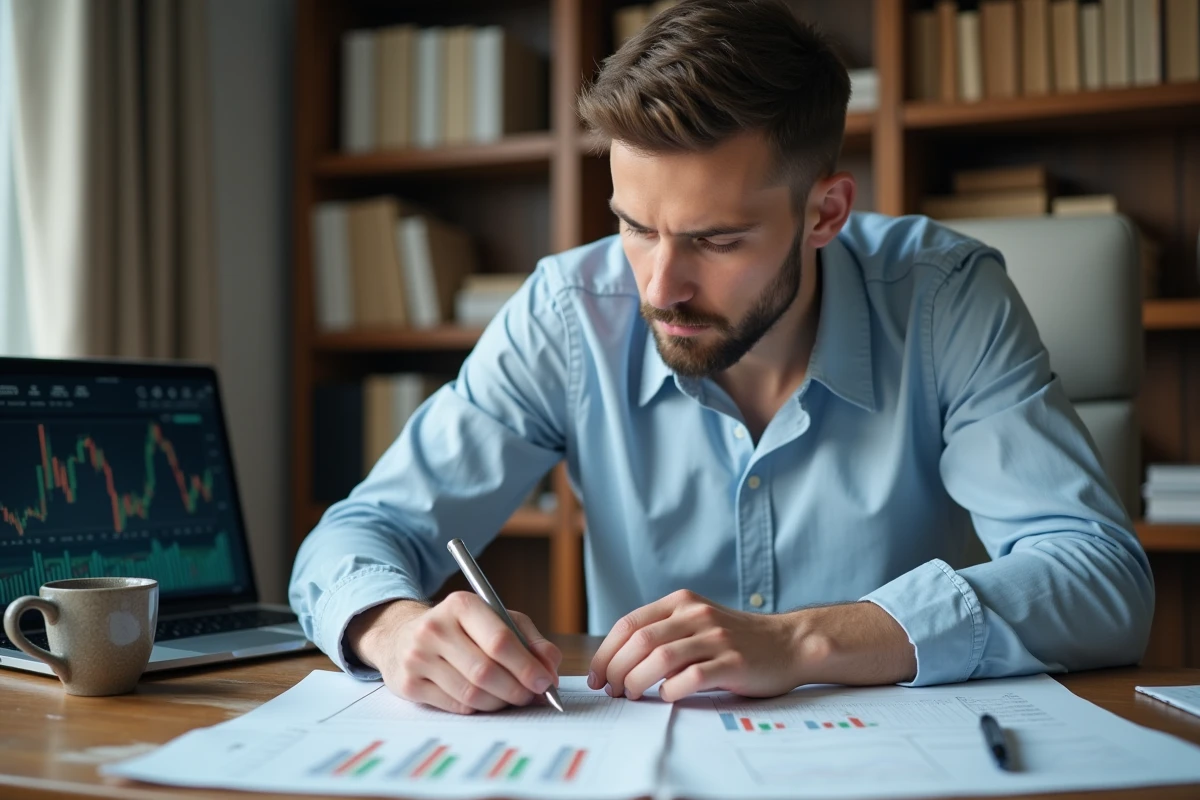 Jeune investisseur débutant analysant des graphiques boursiers sur un bureau en bois dans un bureau à domicile moderne