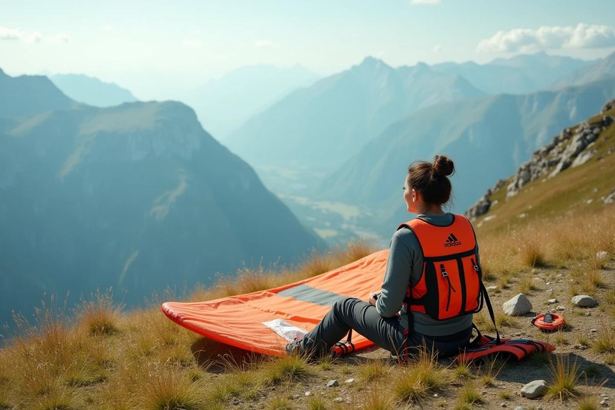 Pilote parapente femme équipée d'une sellette Nervures AirTrek 2 sur un site de décollage en montagne, prête à s'élancer