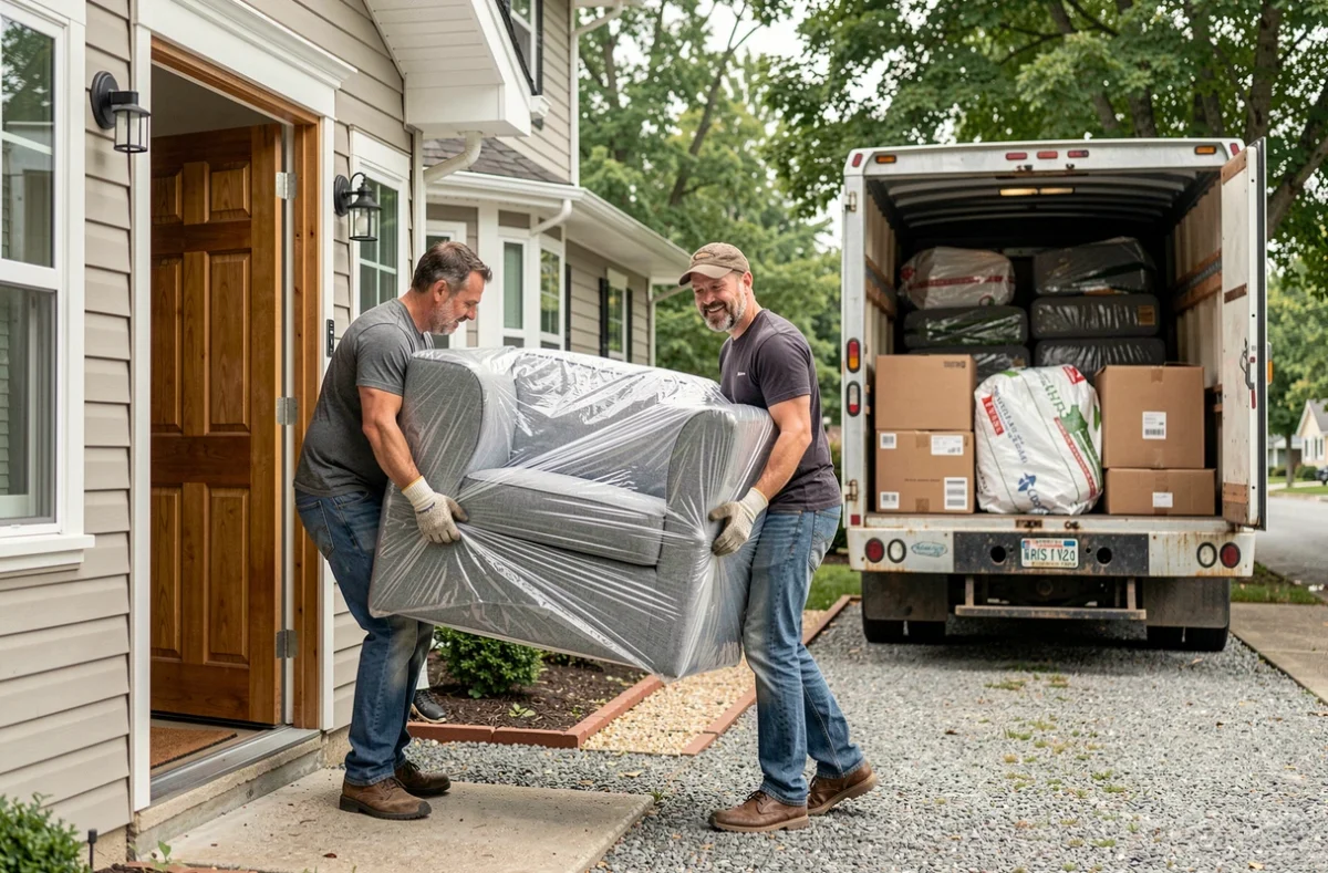Deux déménageurs portant un canapé emballé vers un camion de déménagement devant une maison pavillonnaire