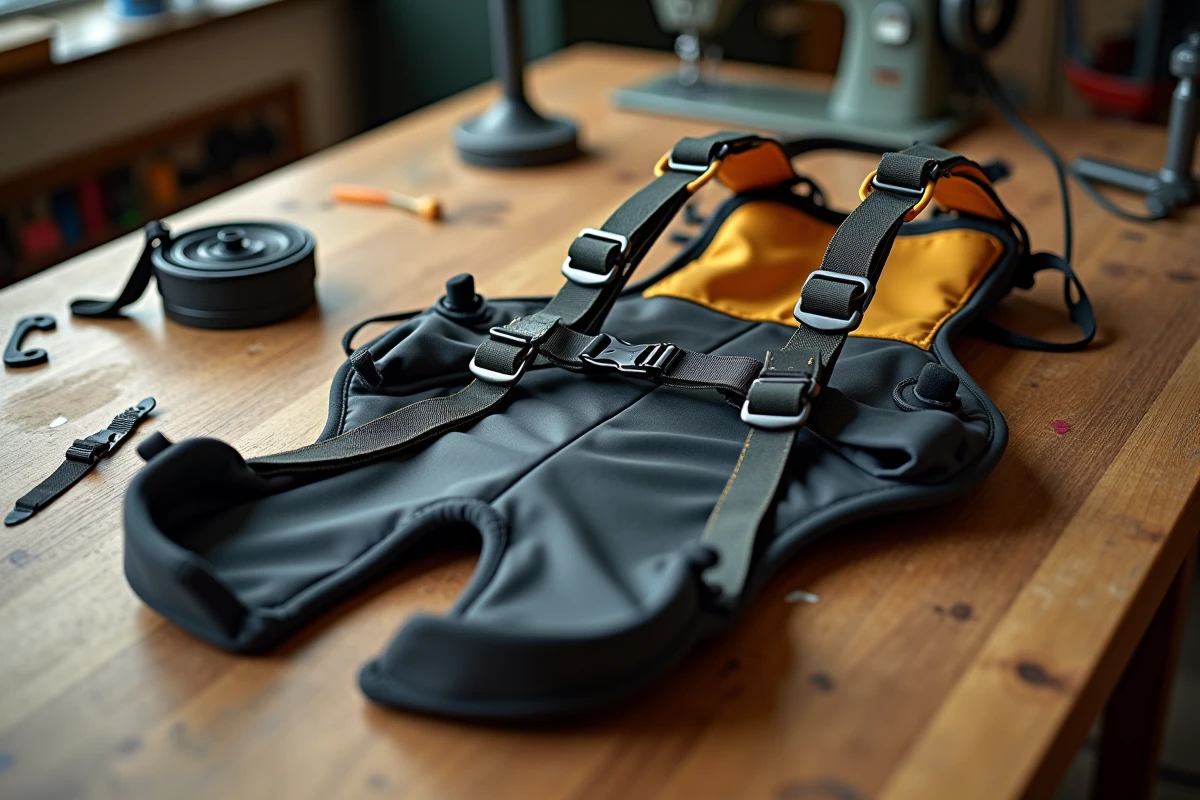Détail de la sellette parapente Nervures AirTrek 2 posée sur une table d'atelier, montrant les sangles, boucles et protection dorsale