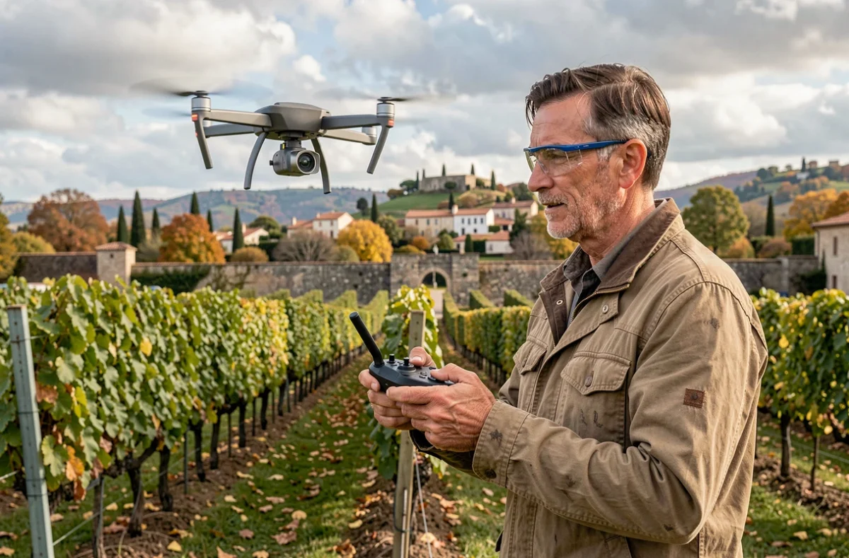 Technicien pilotant un drone agricole au-dessus d'un vignoble en France, illustrant l'usage de la technologie aérienne pour la surveillance des cultures viticoles