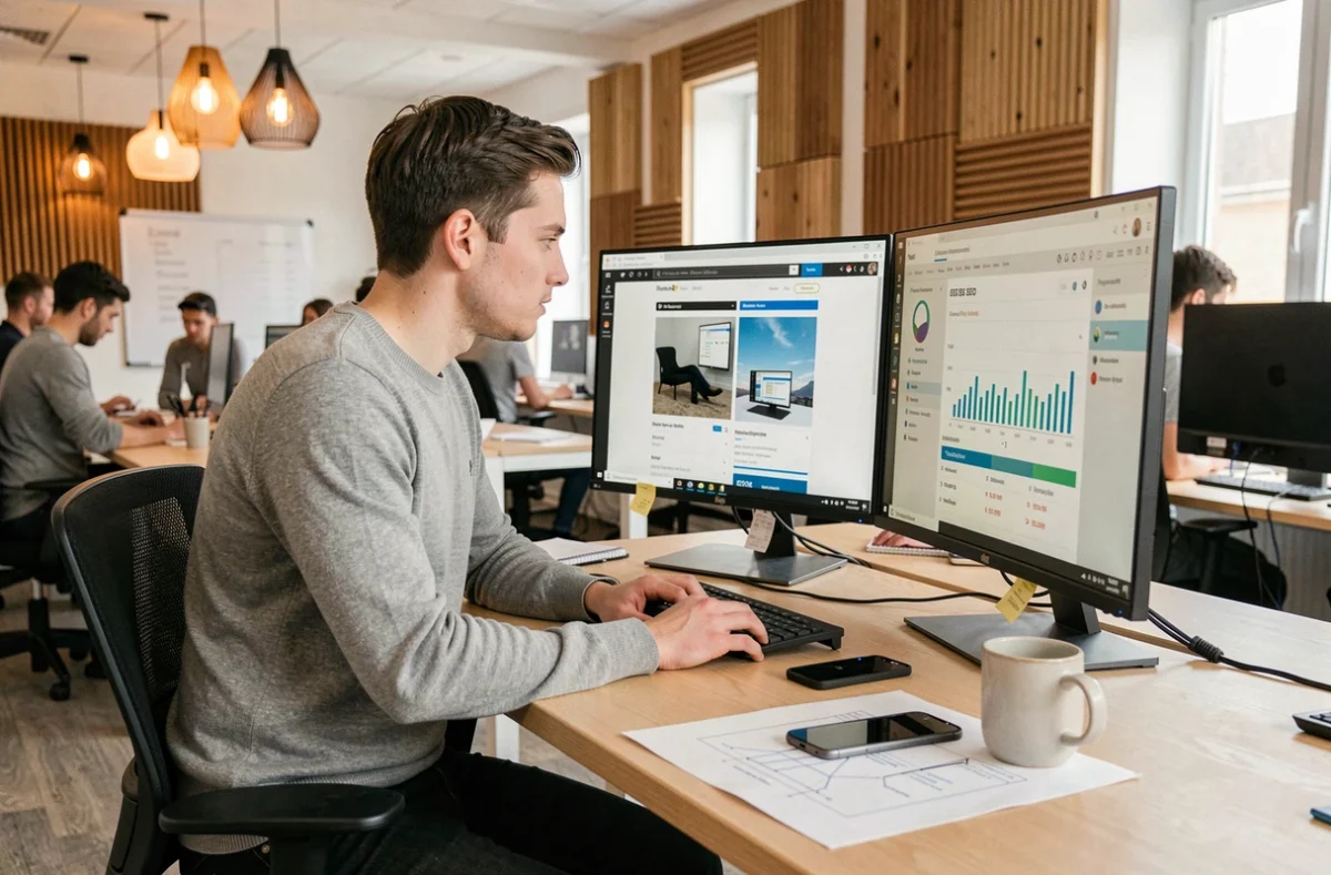 Jeune entrepreneur travaillant sur une refonte de site web et un rapport SEO dans un espace de coworking moderne