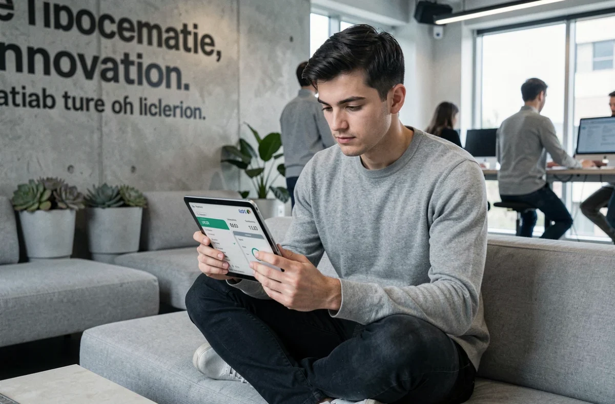 Jeune entrepreneur consultant un calendrier de contenu marketing sur tablette dans un espace de co-working moderne, symbolisant les enjeux du marketing digital contemporain