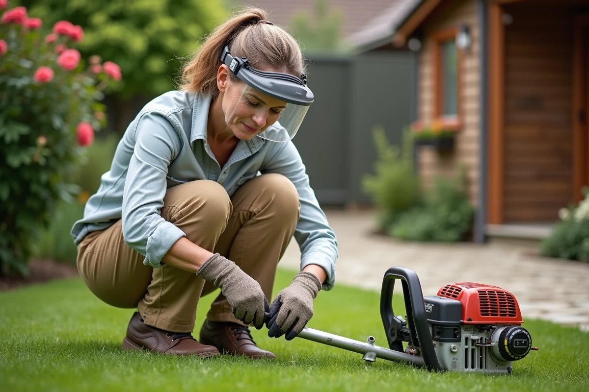 Femme effectuant l'entretien et le remplacement de la tête de coupe d'une débroussailleuse thermique dans un jardin soigné