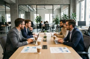 Équipe de professionnels d'une agence digitale en réunion stratégique autour d'une table moderne avec laptops et graphiques analytiques