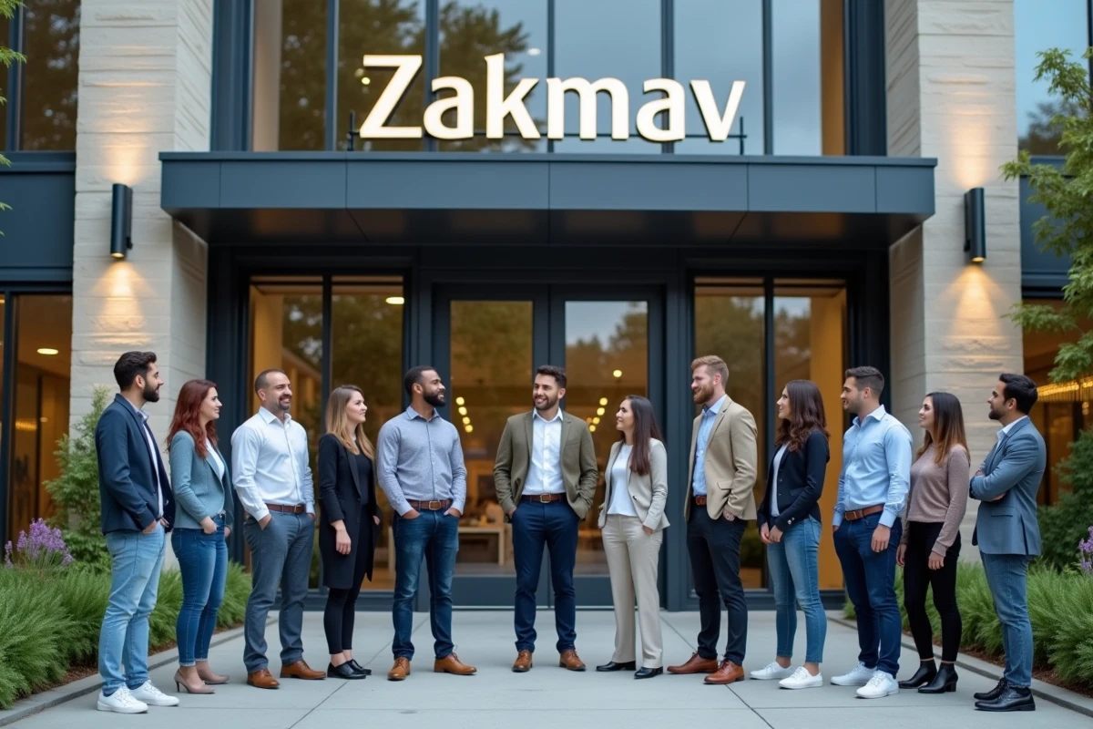 Groupe de jeunes professionnels devant un bâtiment moderne