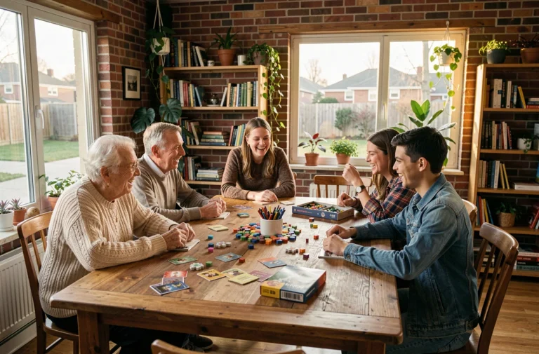 Famille multigénérationnelle jouant à des jeux de société autour d'une grande table en bois dans un salon chaleureux