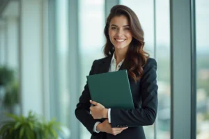 Femme d'affaires confiante avec logo d'entreprise