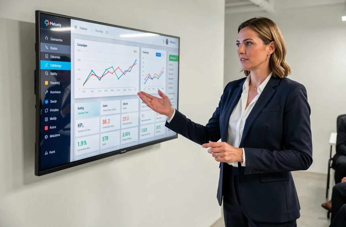 Femme d'affaires présentant un tableau de bord marketing digital devant un grand écran dans une agence innovante