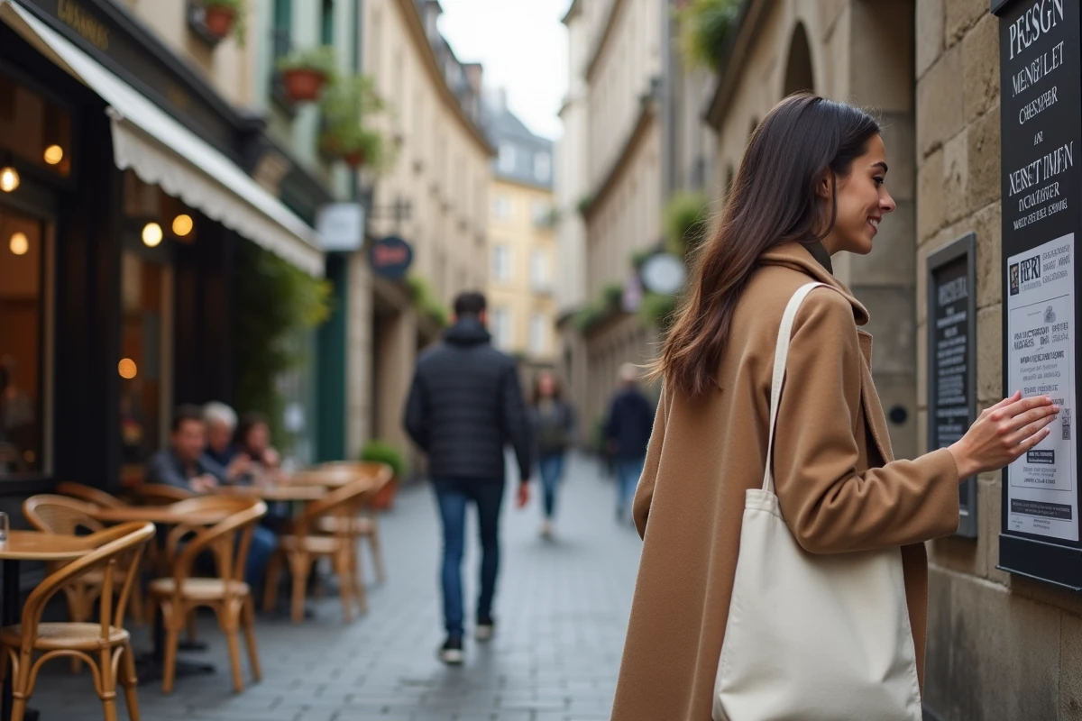 Femme consultant une affiche d'événements locaux dans une rue piétonne du centre historique de Rennes