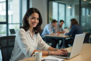 Femme au bureau souriante travaillant sur son ordinateur