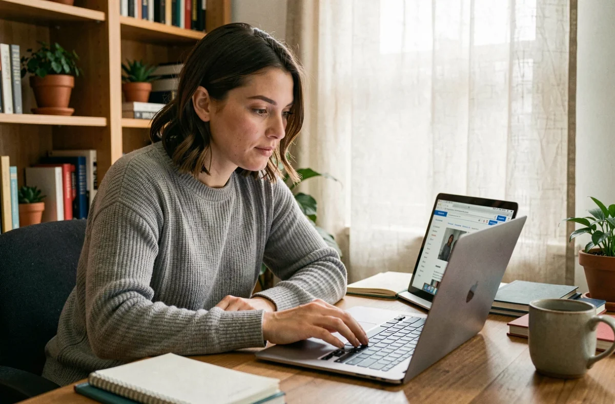 Femme explorant un site méconnu sur son ordinateur portable dans un bureau à domicile chaleureux