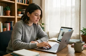 Femme explorant un site méconnu sur son ordinateur portable dans un bureau à domicile chaleureux