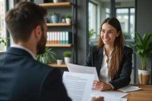 Femme souriante en réunion de coaching au bureau