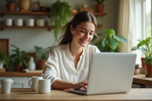 Jeune femme souriante utilisant un ordinateur dans une cuisine écologique