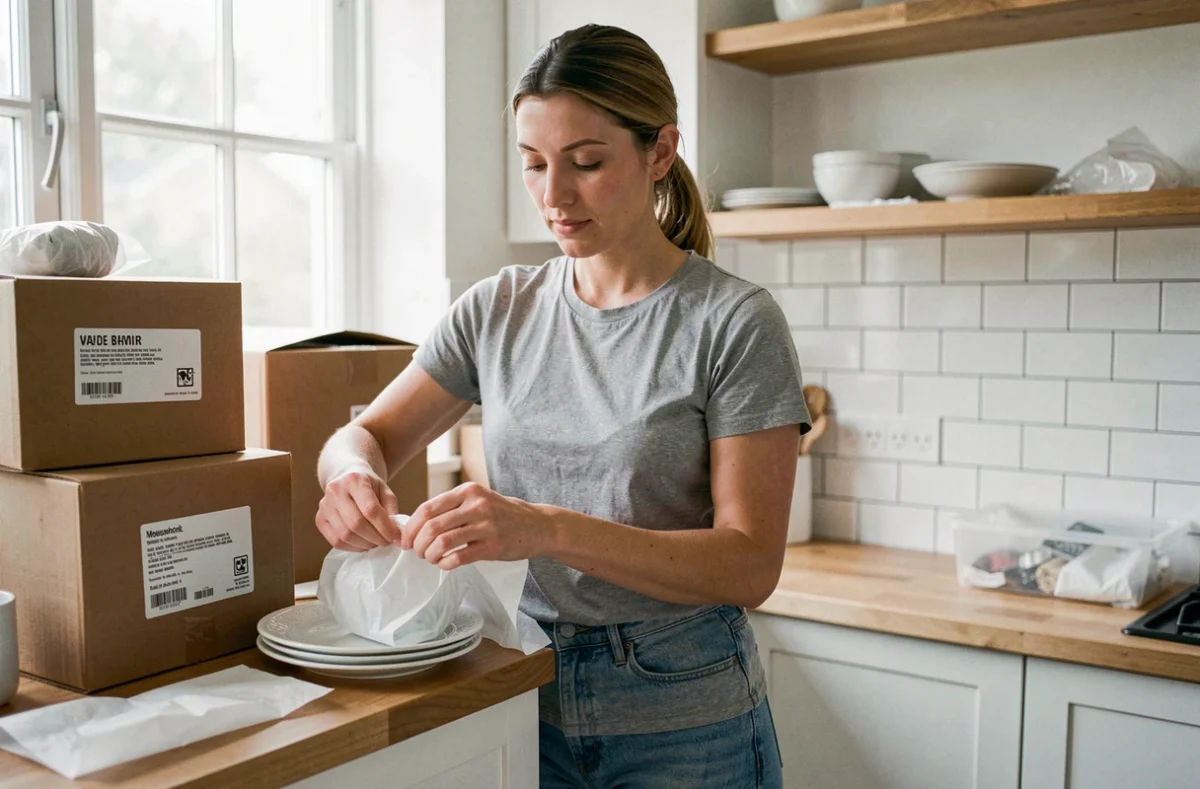 Femme en train d'emballer de la vaisselle fragile dans des cartons étiquetés pour un déménagement organisé dans une cuisine moderne