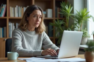 Femme frustrée devant son ordinateur portable affichant une erreur de connexion à son compte Camieg