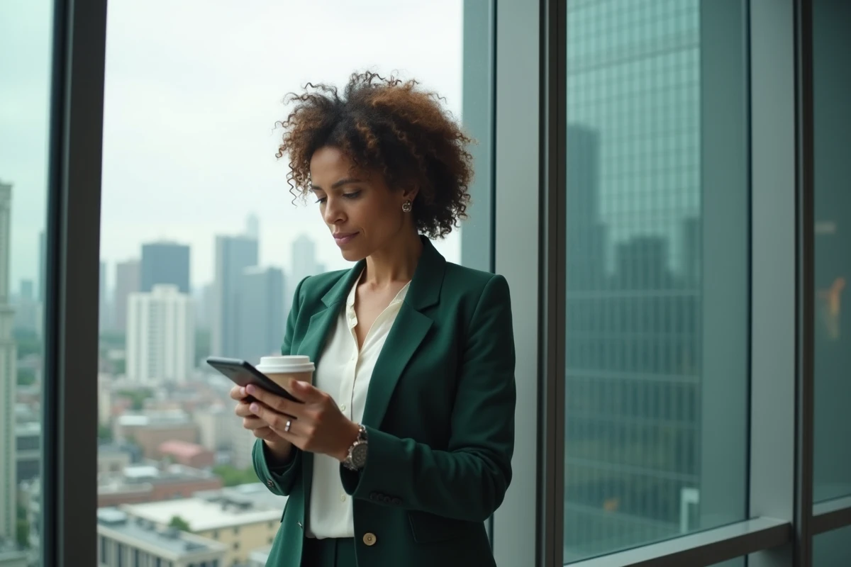 Femme d'affaires consultant une application de gestion de patrimoine sur son smartphone dans un appartement moderne avec vue urbaine
