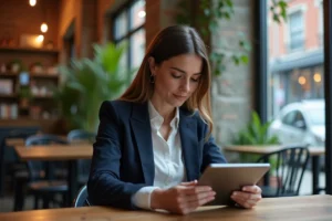 Femme professionnelle consulte annonces immobilières dans un café
