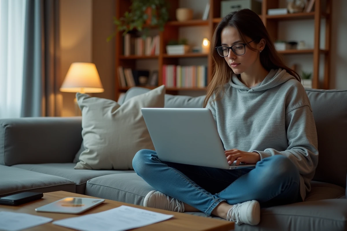 Femme avec lunettes consultant une liste de serveurs eMule actifs sur son ordinateur portable dans un salon