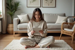 Jeune femme en pantalon en lin et pull dans un salon moderne