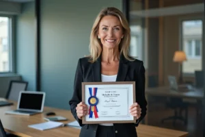 Femme souriante avec médaille du travail dans un bureau moderne