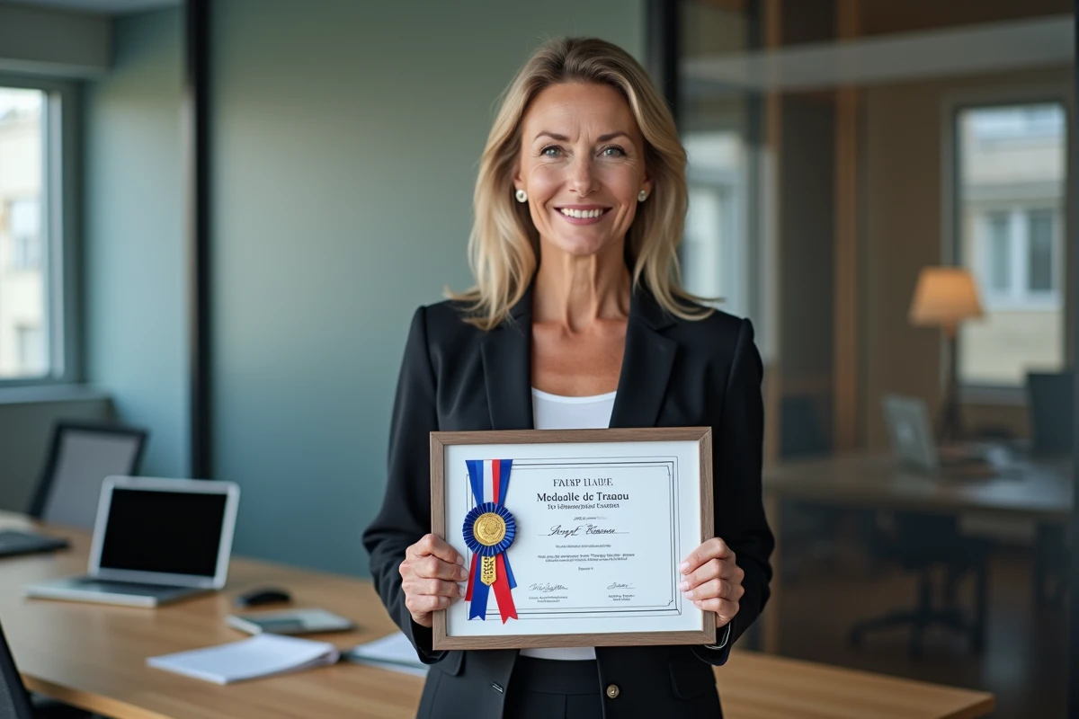 Femme souriante avec médaille du travail dans un bureau moderne